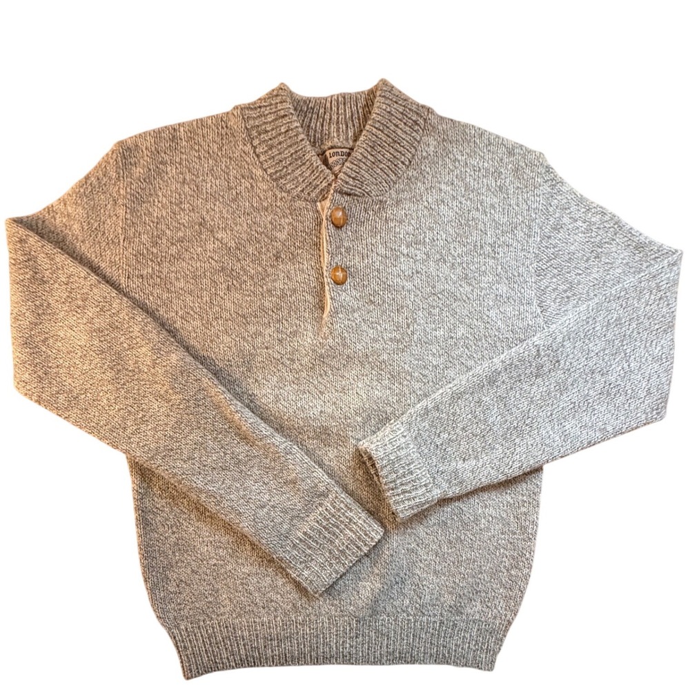 VTG London Fog Outdoors Unlimited Mens L Oatmeal Marl Henley Wool Knit‎ Sweater